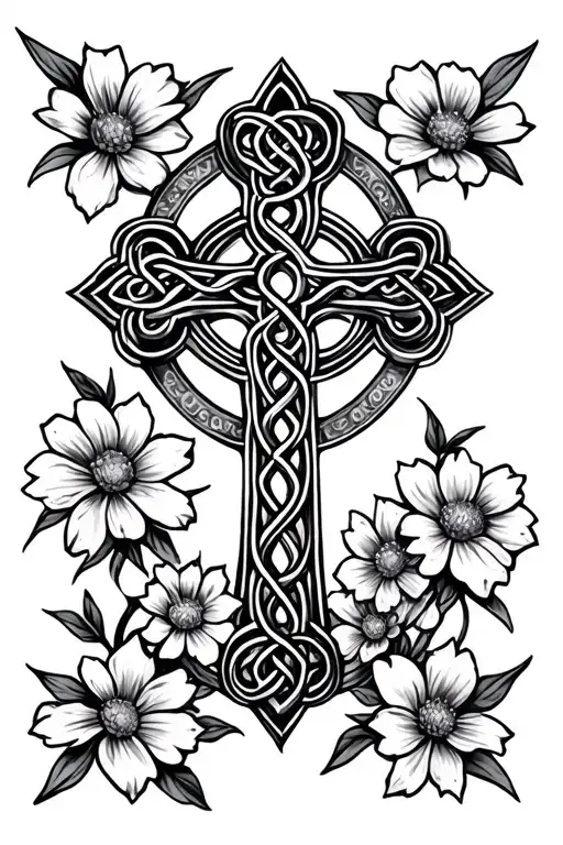 Celtic Cross Surrounded By Flowers