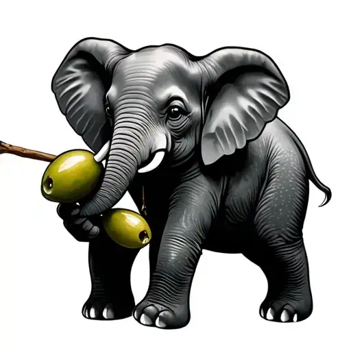 Mini Elephant Wearing Jordan's Holding An Olive On A Stick