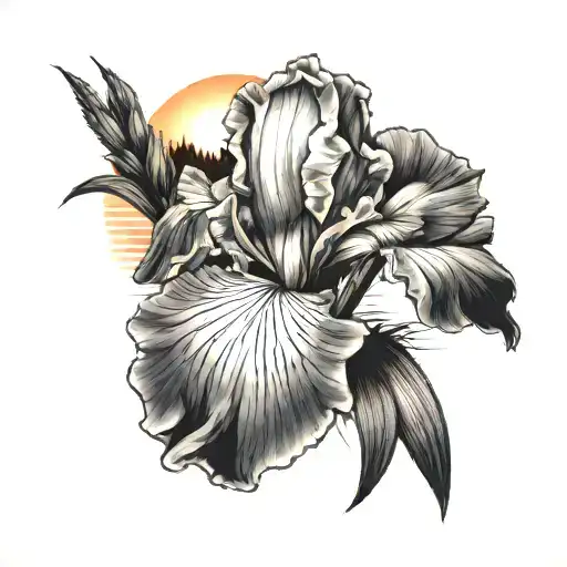An Intricate Tattoo Of An Iris Flower Blooming Under A Sunset With A Mountain Backdrop