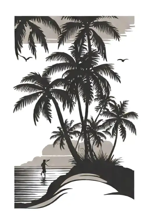 Beach With Palm Tree Silhouette With Silhouette Of Daughter