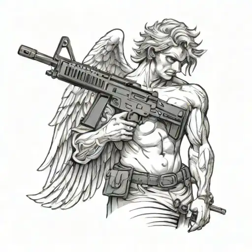 Shirtless Angel Holding Ar15 Assault Rifle