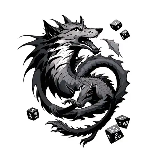 Wolf And Dragon Intertwined Around 20 Side Dice Surrounded