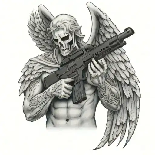 Shirtless Angel No Face Holding Colt M4 Rifle Crossed