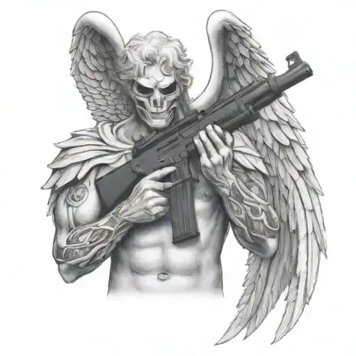 Shirtless Angel No Face Holding Colt M4 Rifle Crossed