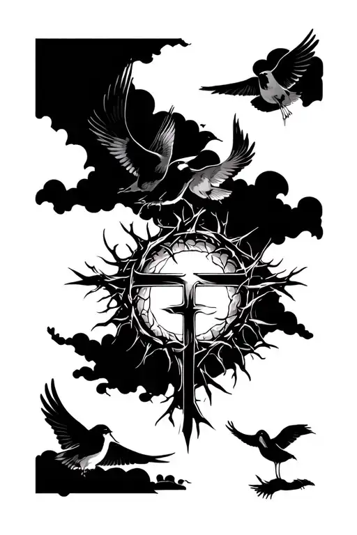 Cross Clouds Sun Rising Crown Of Thorns Birds