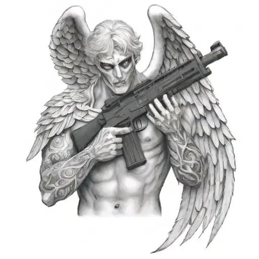 Shirtless Angel With No Face Holding Realistic Colt M4 Rifle