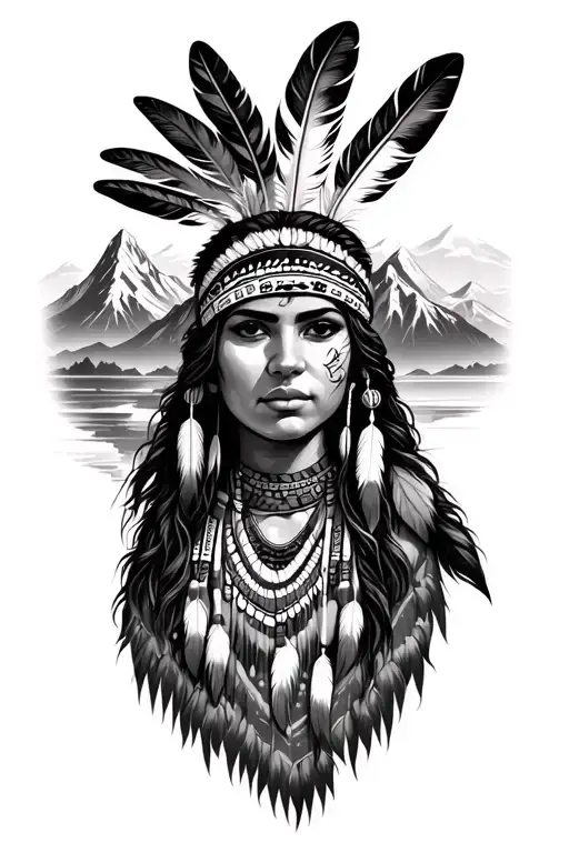Female Native American Woman With Feather In Her Hair Above A Mountain Scene