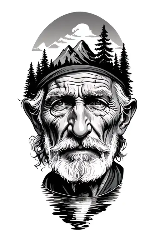 Scarred Old Man And Mountains With Trees And River
