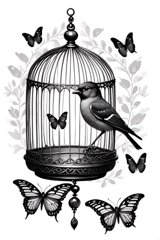 Bird Cage And Butterflies
