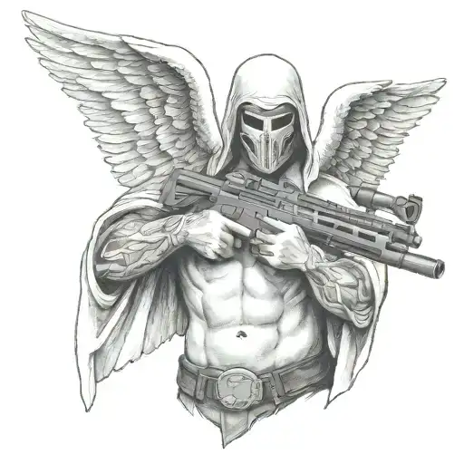 Shirtless Angel With No Face Holding Realistic Colt M4 Rifle