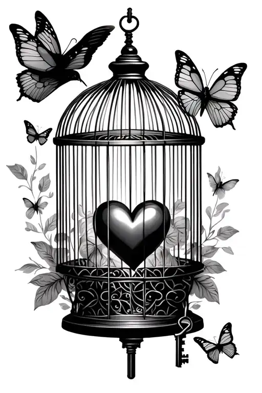Bird Cage With Heart Inside And 3 Butterflies Flying Bird On Top Holding Key