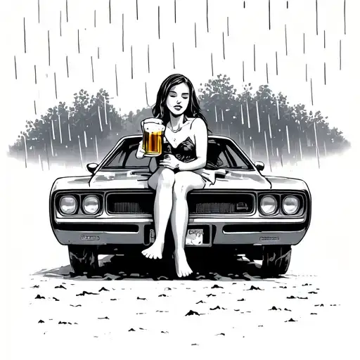 Barefoot Girl Sitting On The Hood Of A Dodgedrinking Warm Beer In The Soft Summer Rain