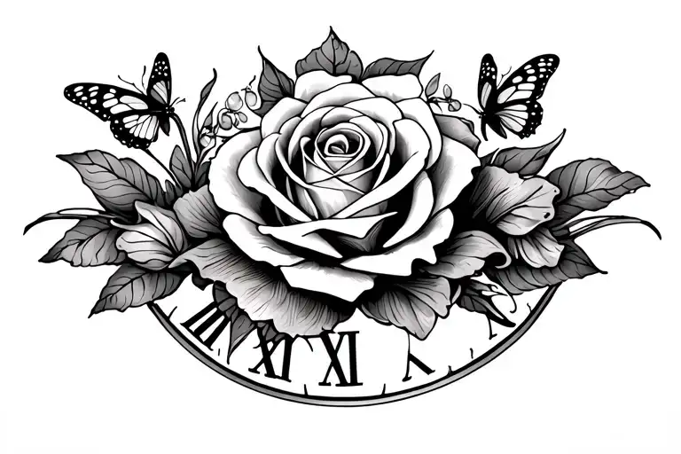Roman Numerals With Rose And Butterflies On The Collarbone