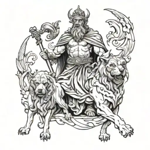 A Tattoo Design With Greekmythlogy Of Hades And His Dog Cerberus In Black-grey Style