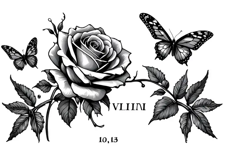 Roman Numeral Date With Rose And Butterflies On The Collarbone
