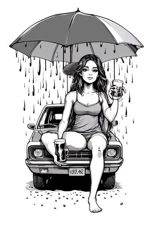Barefoot Girl Sitting On The Hood Of A Dodgedrinking Warm Beer In The Soft Summer Rain