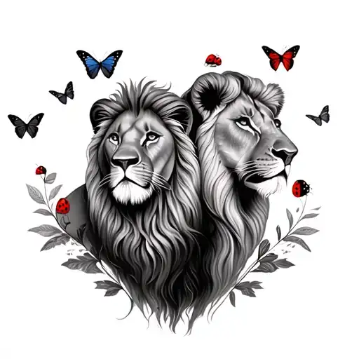 Lion And Lioness With Ladybugs And Butterflies