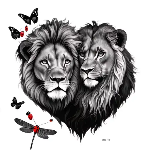 Lion And Lioness With Ladybugs And Butterflies And Dragonfly