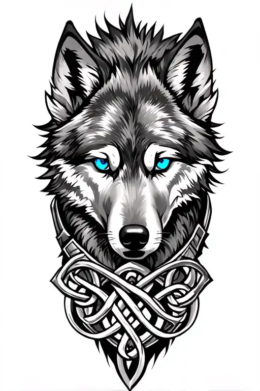 Wolf With Blue Eyes On Armor Tattoo Design Featuring Celtic Trinity Knot