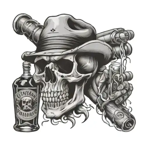 Sobriety Themed Hand Tattoo That Has A Skull And A Bottle Of Whiskey