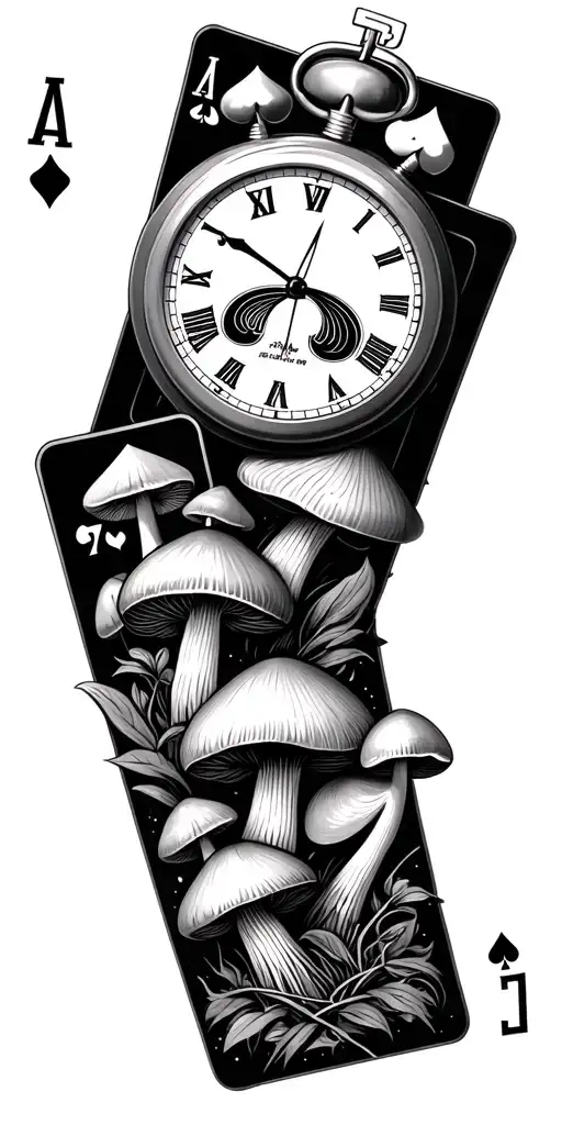 4 Aces Cards And Mushrooms With 777 Bold Numbers And Old Stop Watch