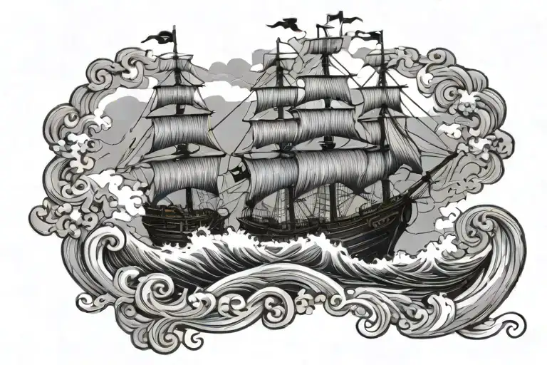 Pirate Ship Sailing Through Stormy Seas