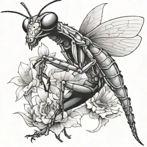 Design A Black And Grey Tattoo Of A Praying Mantis In The Style Of Hokusai