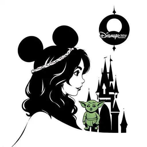 Disney Castle With Lady Behind Profile With Mickey Ears Headband Holding Yoda Doll