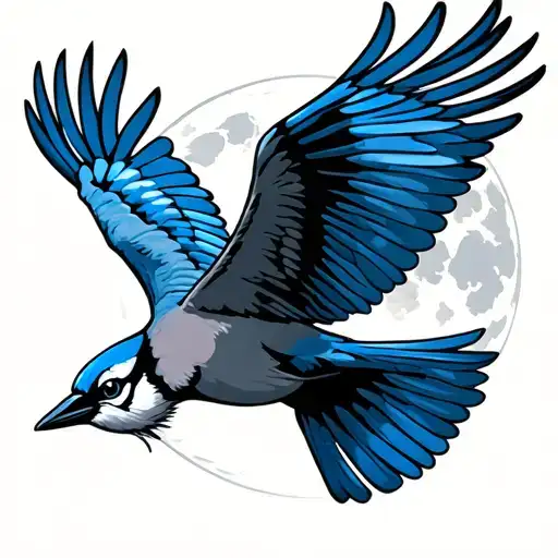 Blue Jay Bird Flying Towards Bright Shining Full Moon
