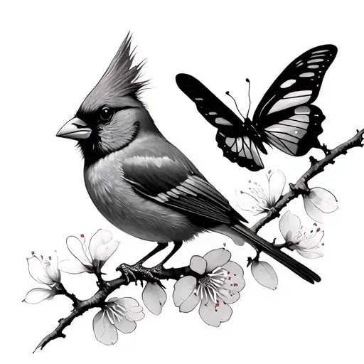 Cardinal And Butterfly And Cherry Blossoms Blooming