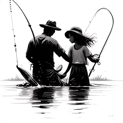 Father And Daughter Fishing Scene