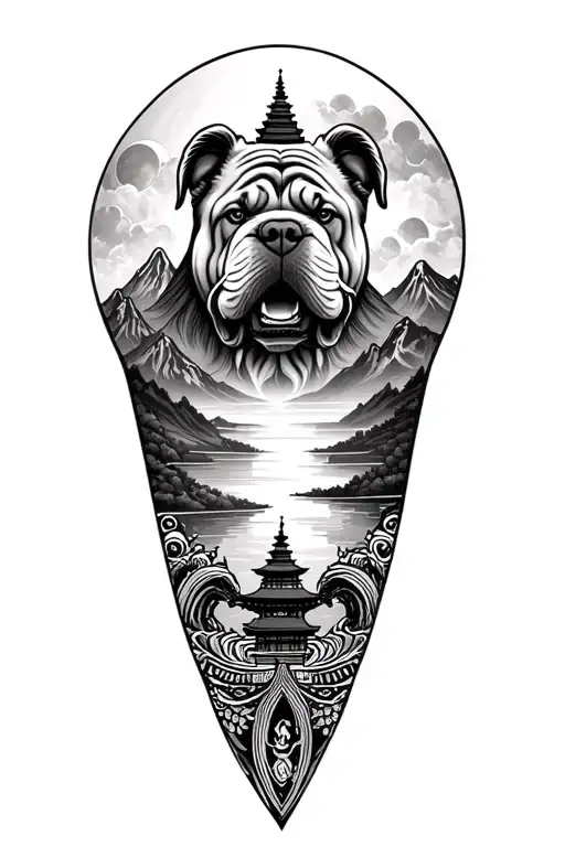 Pagoda Mountains Moon River Shar Pei Mandala Design