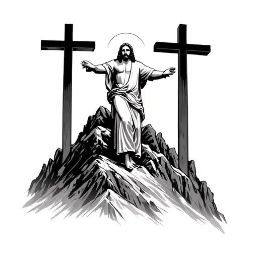 Jesus Christ On A Mountain Top With The Three Crosses Behind Him