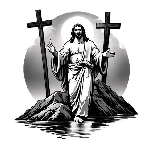 Jesus Christ On A Mountain Top With The Three Crosses Behind Him With A River