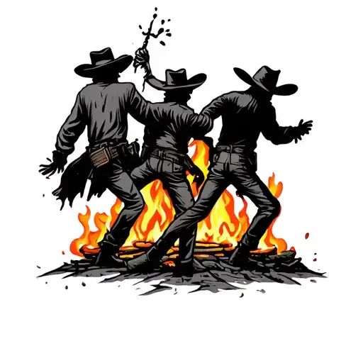 Minimalist Tattoo Design Featuring Cowboy Ghosts Dancing Around A Fire