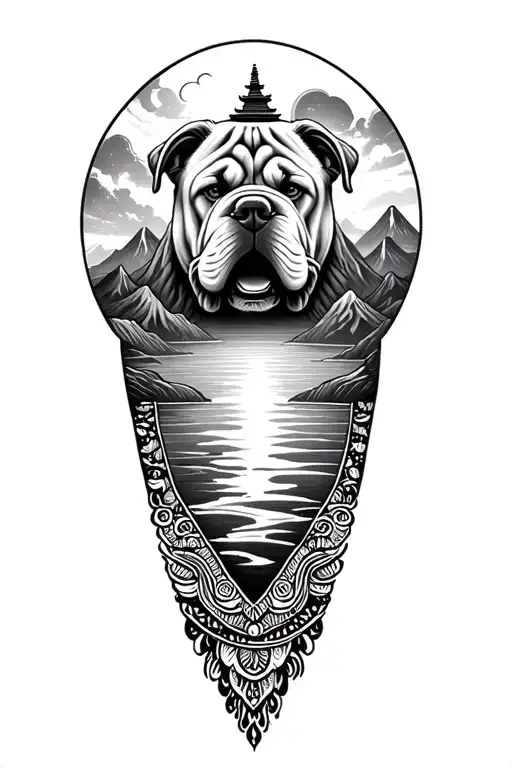 Pagoda Mountains Moon River Shar Pei Mandala Design