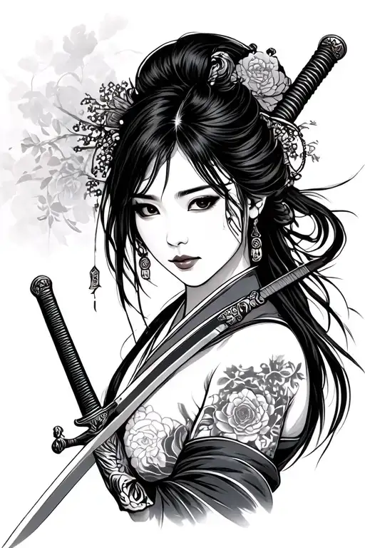 Traditional Japanese Attractive Woman With Katana Sword
