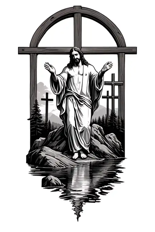 Jesus Christ On A Mountain Top With The Three Crosses Behind Him With A River