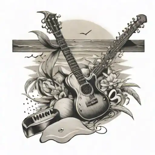 A Beach Scene With A Cross And Musical Instruments Scattered In The Sand