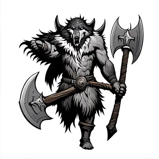 Viking Berserker With Wolf Skin Holding 2 Axes On Battlefield