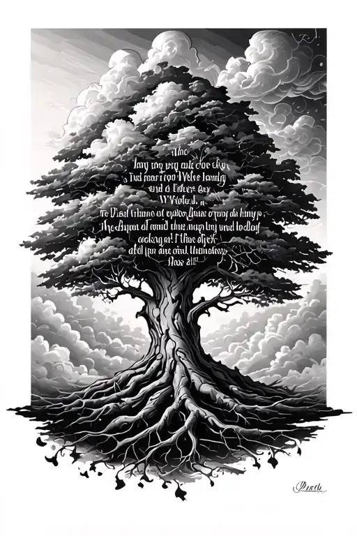 Bible Scripture Tattoo With Clouds Surrounding Tree Of Knowledge