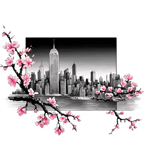 Cherry Blossoms And New York Skyline