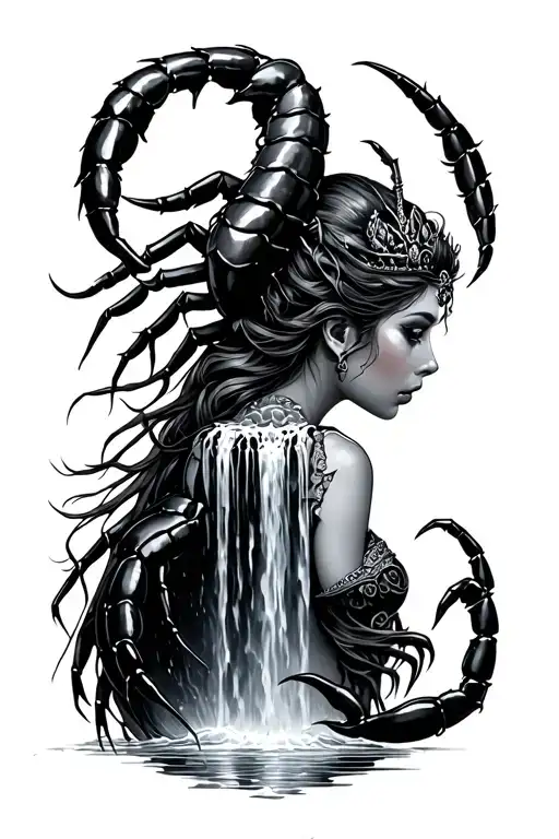 Scorpion With Waterfall On Her Back Tattoo With Queen