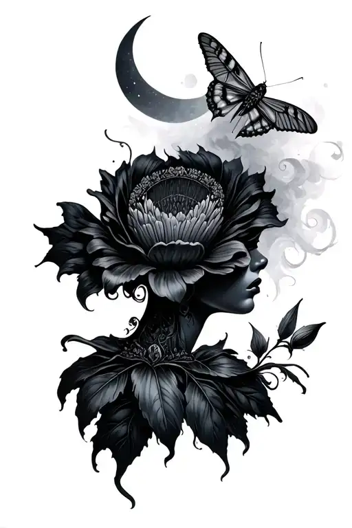 Dark Moody Queen Of Night Flower With A Moth And Fog And Moon