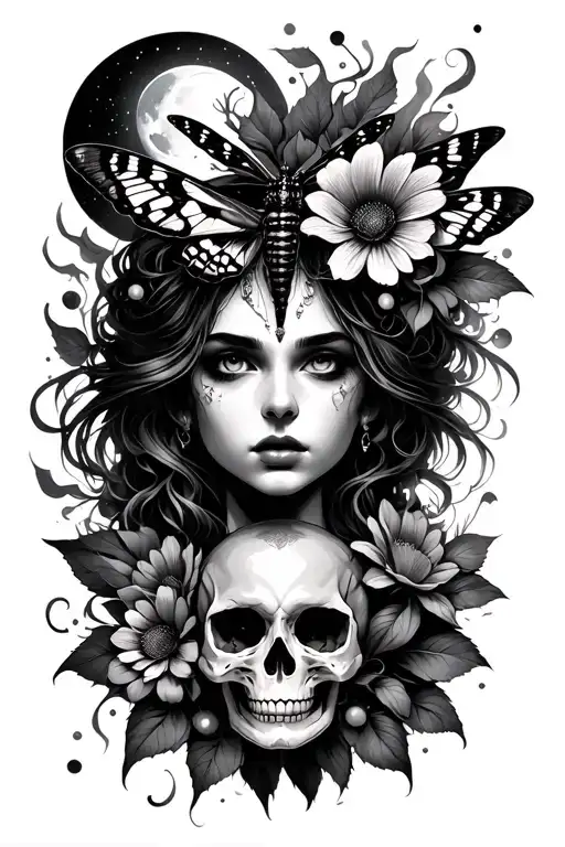 Dark Moody Queen Of Night Flower With A Moth And Fog And Moon Skull For Half The Face