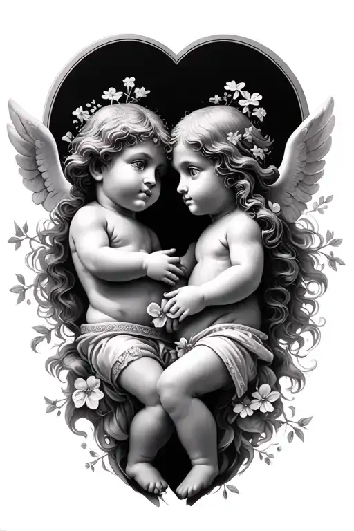 2 Cherubs Holding Hands With Long Hair That Incorporate Forget Me Not Flowers
