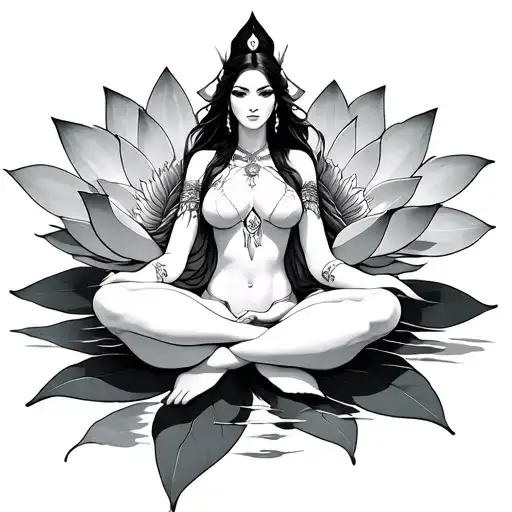 Warrior Woman Sitting In Lotus Flower Blooming
