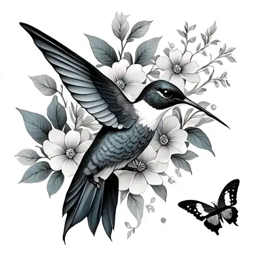 Humming Bird With Flowers And Butterflies