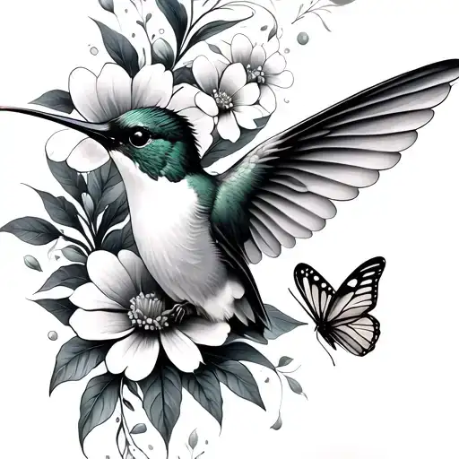 Humming Bird With Flowers And Butterflies Flying