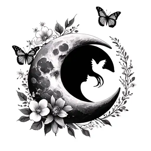 Moon With Flowers And Butterflies